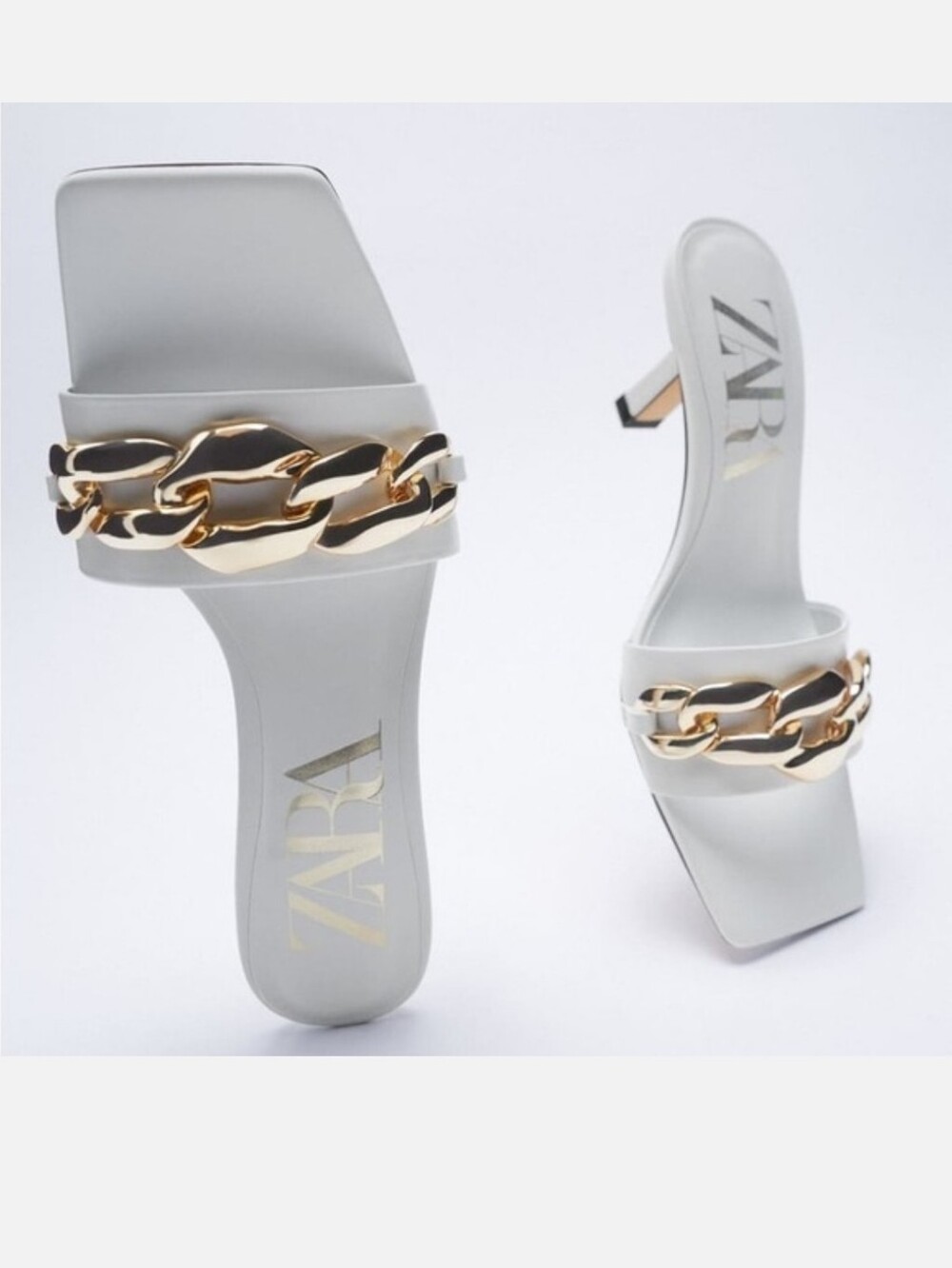 Zara Leather White Slide Mules with Gold Chain Kitten Heel Eur 37